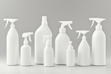 Collection of white lotion and spray bottles simple design isolated on white background 3D illustration