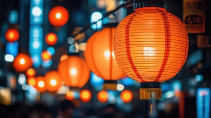 Obraz premium A bustling street filled with Chinese New Year decorations, red lanterns hanging above, people dressed in traditional attire, and joyous celebrations all around