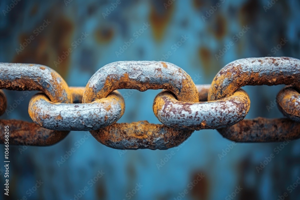 Aufkleber rusty chain links showing corrosion and decay on blurred background