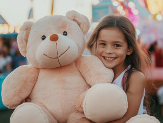 A cheerful young girl hugging a large teddy bear with a bright amusement park background. The girl's joyful expression adds warmth to the moment captured.