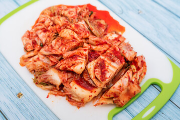 Traditional Korean Kimchi on a Cutting Board
