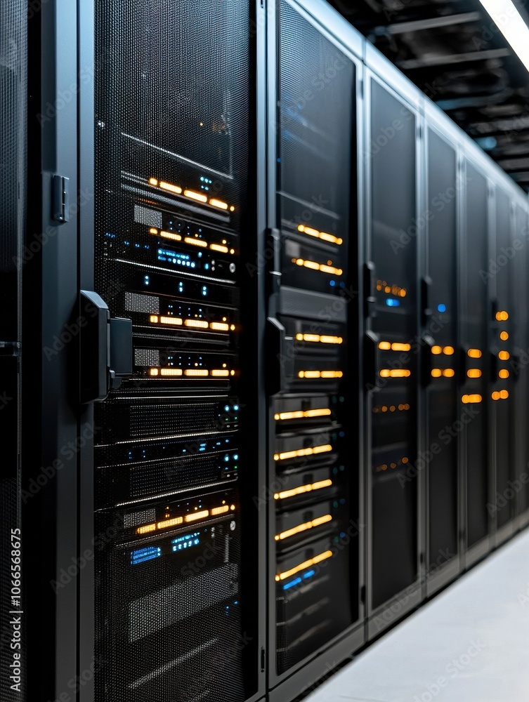 Poster high-tech server room with data storage units illuminated in various colors, showcasing modern digit