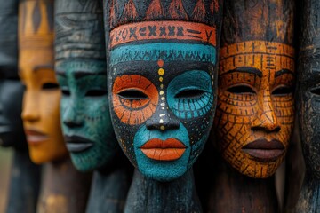 Fototapeta premium Colorful african masks representing tribal culture and heritage