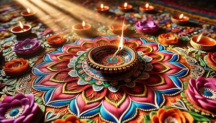 Fototapeta premium Diwali rangoli with multicolored background in neon realism style, celebrating indian festival and culture, vibrant decoration, festive design, diwali decor, colorful art. Realism. Illustration