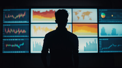 Silhouette of a person analyzing financial data on multiple digital screens. The screens display fluctuating graphs and charts, reflecting financial analysis and market trends.