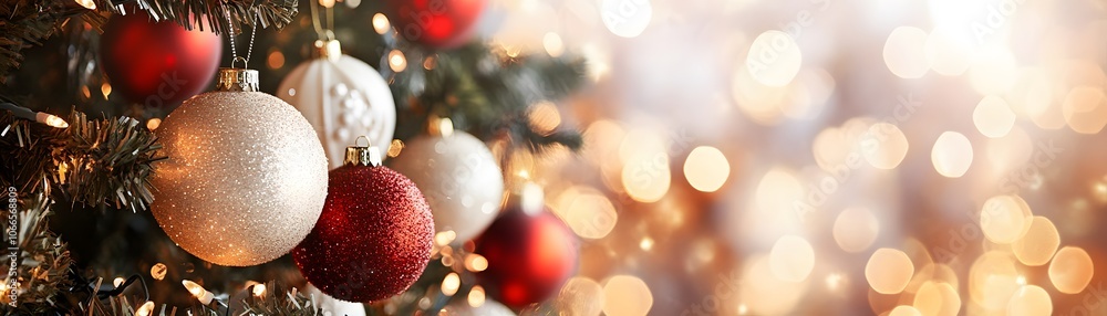 Poster Closeup of Sparkling Red and White Ornaments on a Christmas Tree with Festive Bokeh Lights in the Background