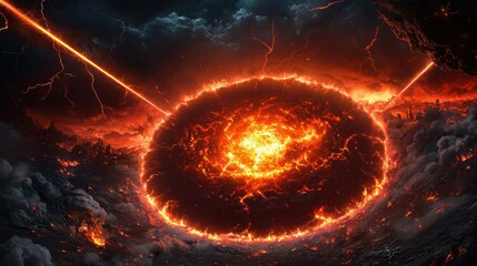 Fototapeta premium A dramatic depiction of an apocalyptic volcanic eruption, showcasing fiery lava, ominous clouds, and striking light beams.