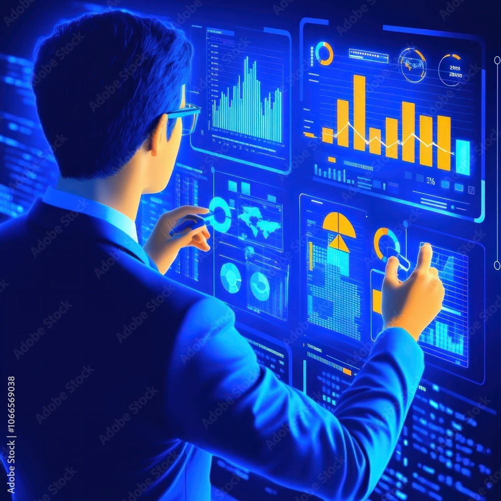 Poster data analyst interprets business insights through visual dashboards