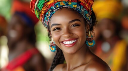 Fototapeta premium Beautiful brazilian woman smiling and wearing traditional colorful headscarf