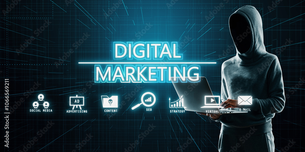Poster hacker using laptop with glowing digital marketing hologram on dark blue background. product ads, ma