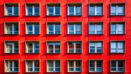 Fototapeta premium Abstract Image of Windows in a Red Facade of a Building - Modern Architecture, Urban Design, Abstract Art, Geometric Patterns, Vibrant Colors, Building Facade, Contemporary Style,