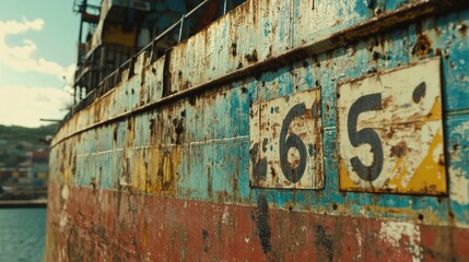 A weathered ship hull reveals the number 425, displaying significant rust and decay. The setting is a port under overcast skies, emphasizing the aging vessel.