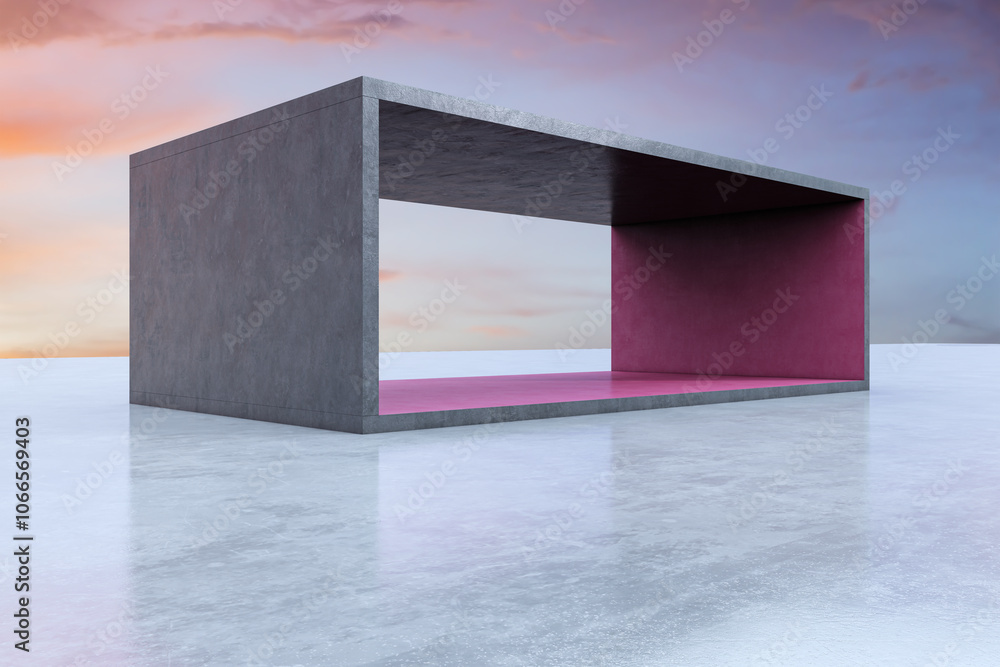 Poster creative concrete exhibition space with empty mock up place and sunset sky background. creativity an