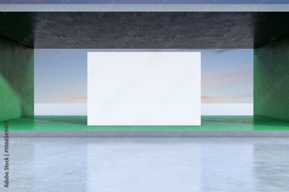 Poster abstract concrete exhibition space with empty white mock up frame and sunset sky background. creativ