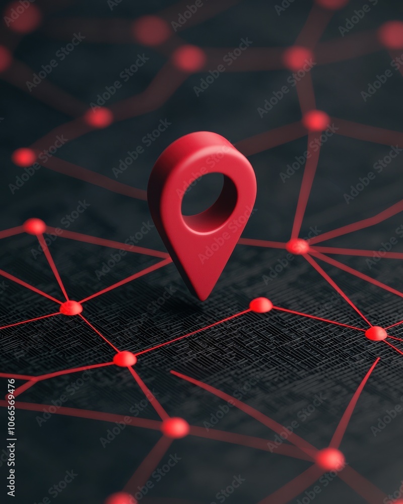 Poster red location pin on a black grid background, symbolizing navigation and mapping.