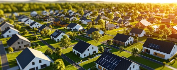 Green energy district, residential buildings with solar panels, wind turbines in parks, 3D illustration