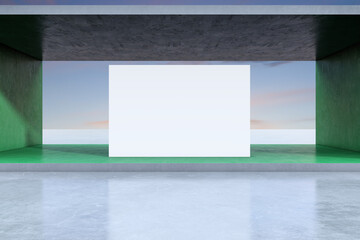 Fototapeta premium Abstract concrete exhibition space with empty white mock up frame and sunset sky background. Creativity and modern art concept. 3D Rendering.