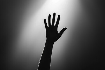 Hand reaching forward from deep shadows, dim light creating a haunting yet hopeful atmosphere