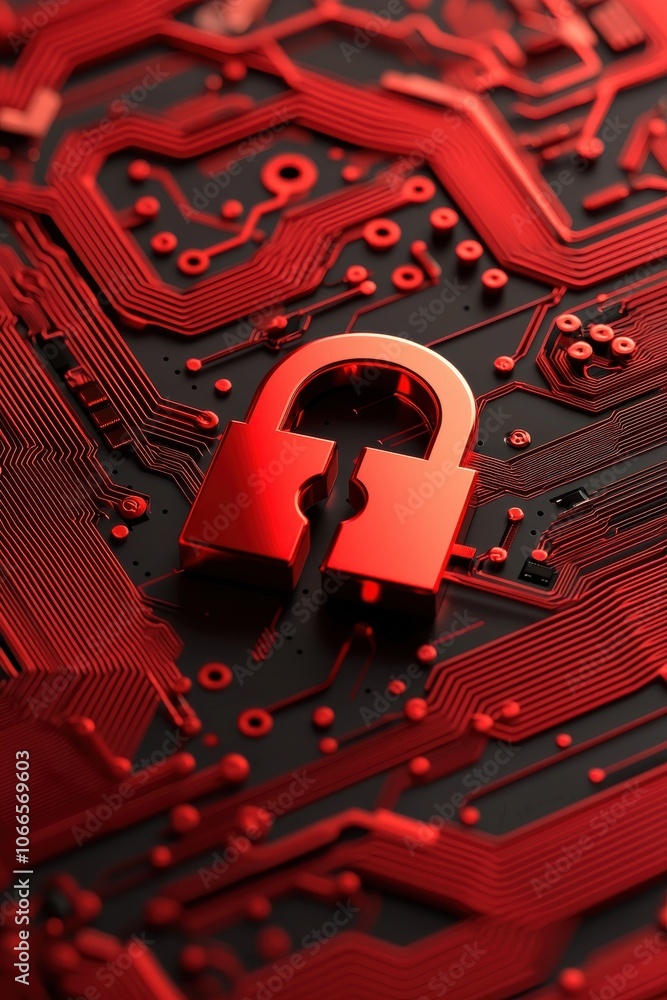 Poster red padlock on a circuit board, symbolizing security and data protection.