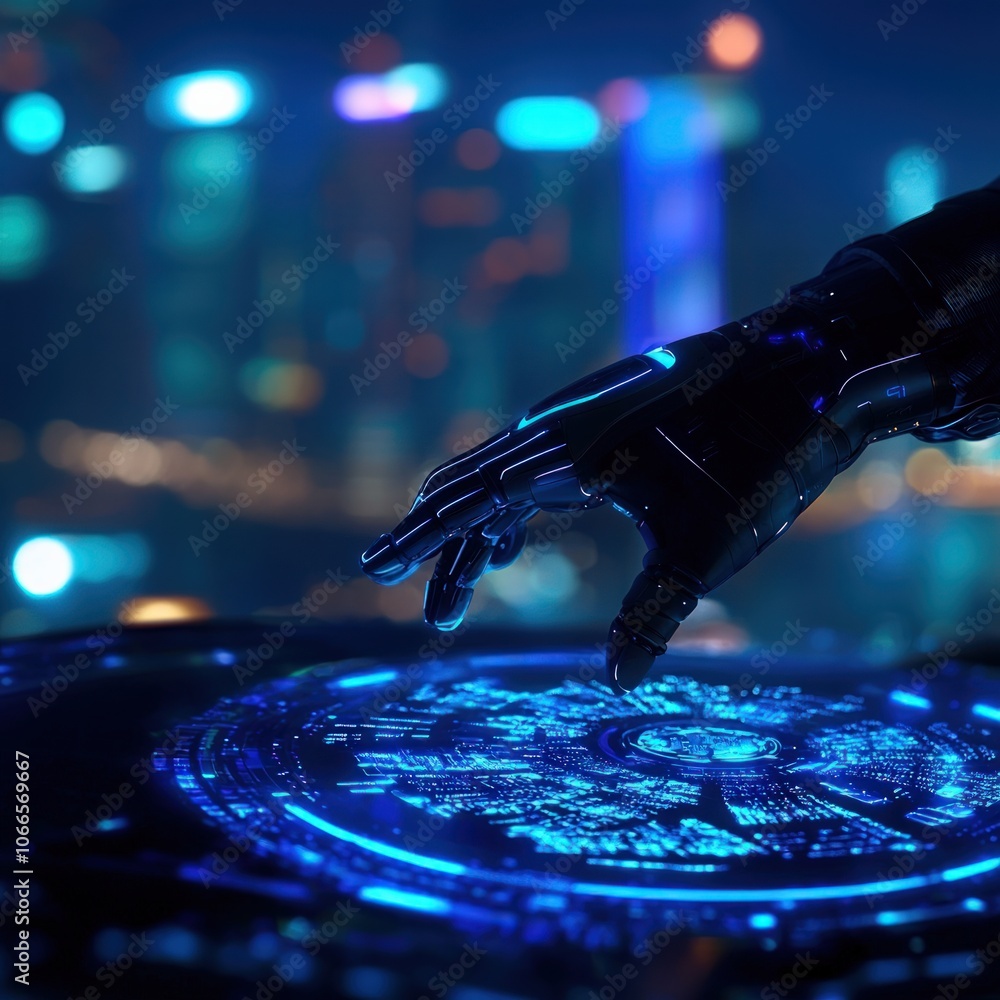 Poster futuristic robot hand interacts with digital touchscreen interface