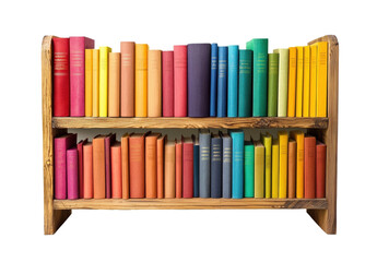 Rainbow-colored hardcover books organized on a rustic wooden shelf, vibrant library decor isolated on transparent background, reading and education themes