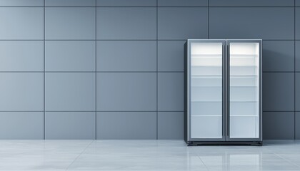 High-tech refrigerator with glass doors organized shelves in minimalist kitchen 3D illustration