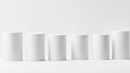 Lineup of white cosmetic containers with varied caps, isolated on white, representing simplicity, versatility, and elegance in product packaging