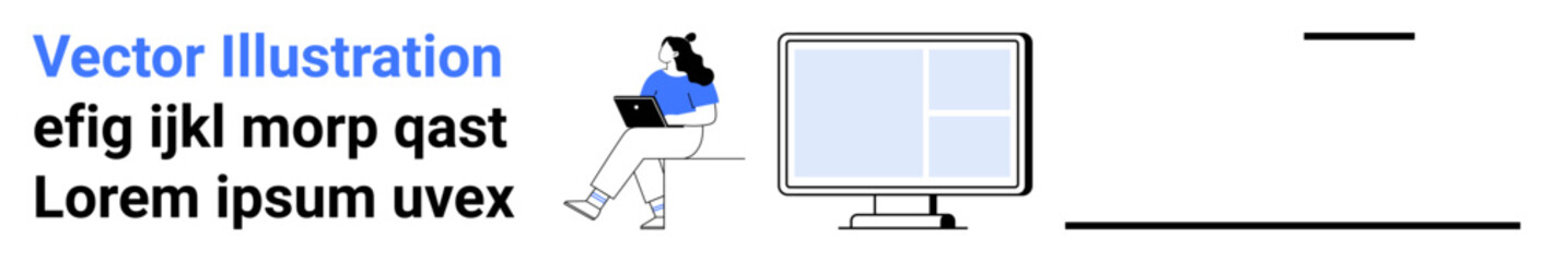 Woman seated with laptop, large computer monitor, dummy text blocks, minimalist lines in composition. Ideal for remote work, web design, modern office, tech themes, minimalism, productivity, UIUX
