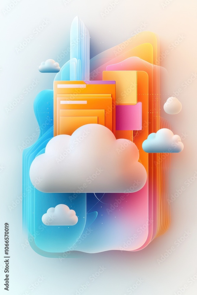 Poster vibrant abstract skyline with colorful geometric shapes and fluffy clouds, perfect for modern design