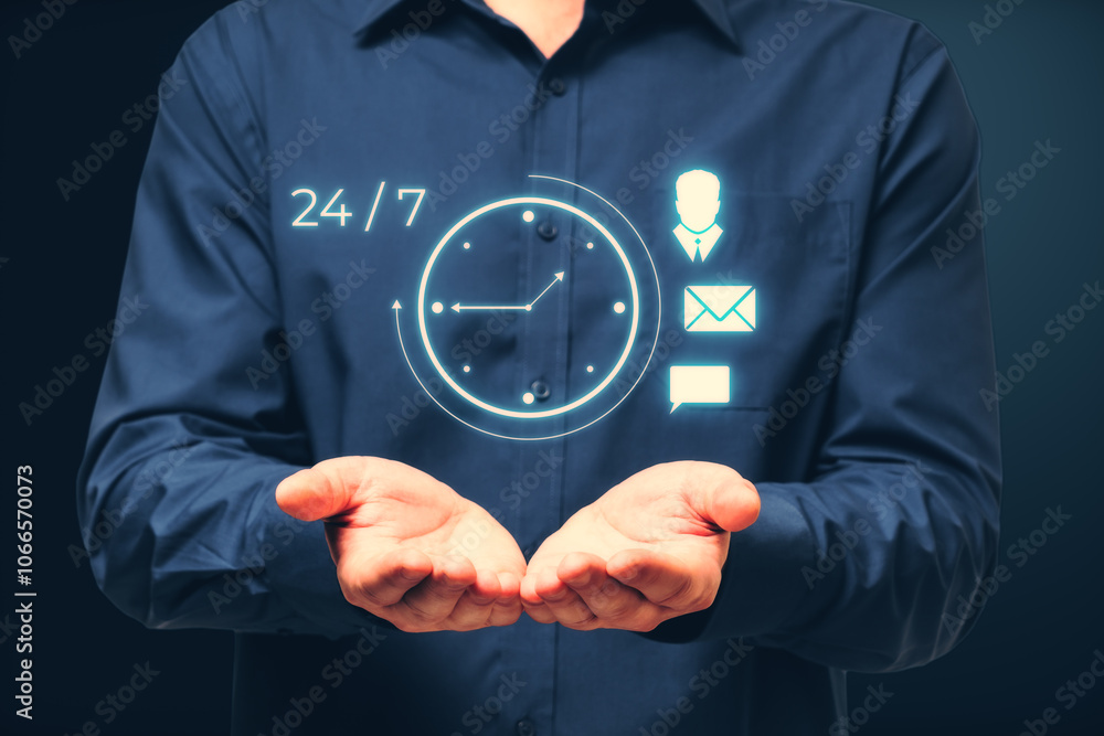 Poster 247 clock nonstop service concept. nonstop business internet technical support work. close up of mal