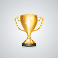 Winner gold cup on light background. Metallic trophy cup. Vector illustration.