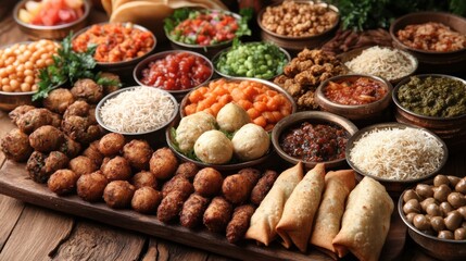 A colorful assortment of Indian snacks, including samosas, pakoras, and sev, displayed beautifully on a traditional platter, with a vibrant background