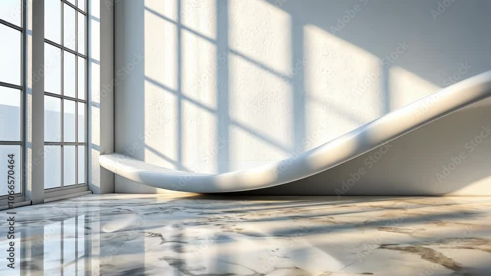 Aufkleber sunlight streams through a large window, casting long shadows on a white, curved bench in a modern r
