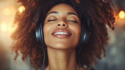 A couple sharing headphones, listening to Valentine's Day songs together in a cozy setting with warm lighting, candles, and romantic decor