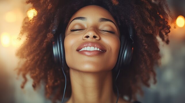 A couple sharing headphones, listening to Valentine's Day songs together in a cozy setting with warm lighting, candles, and romantic decor