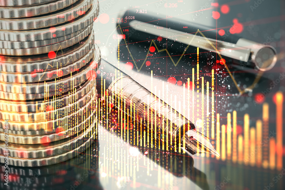 Poster close up of stacked coins and fountain pen on desk with falling red candlestick forex chart on blurr