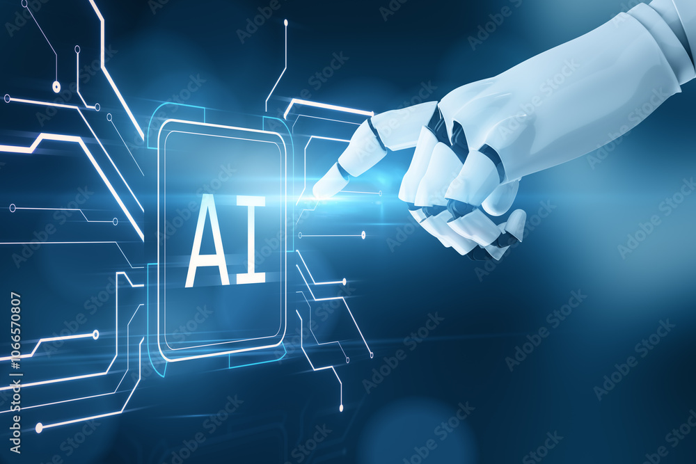 Aufkleber Robot hand pointing at abstract ai hologram on blurry blue background. Robotics, artificial intelligence and machine learning concept.