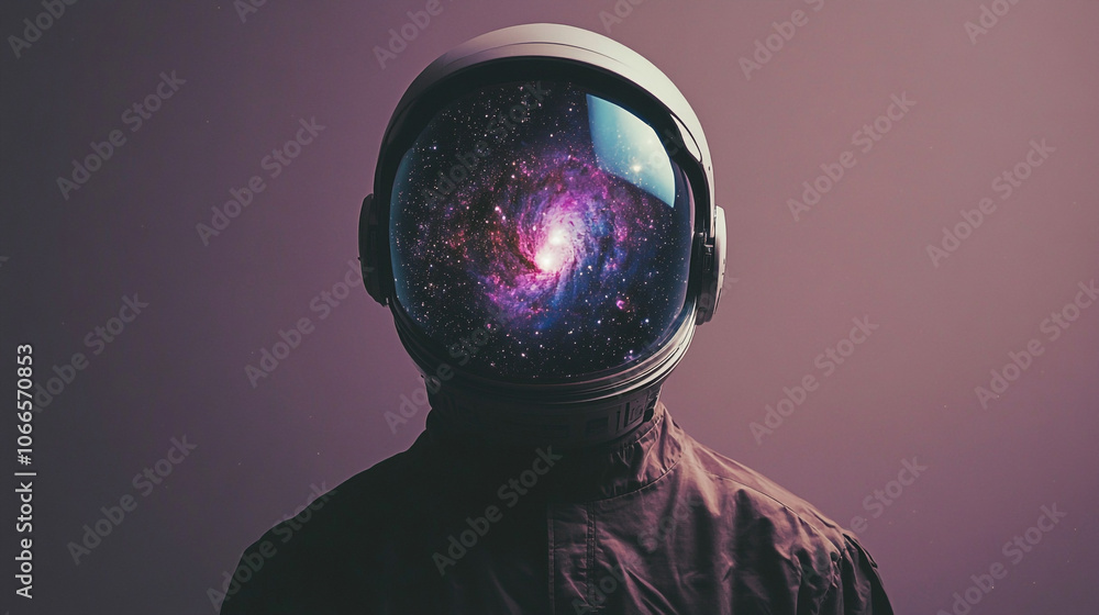 Poster astronaut with a cosmic nebula reflected in the visor against a dark backdrop at twilight