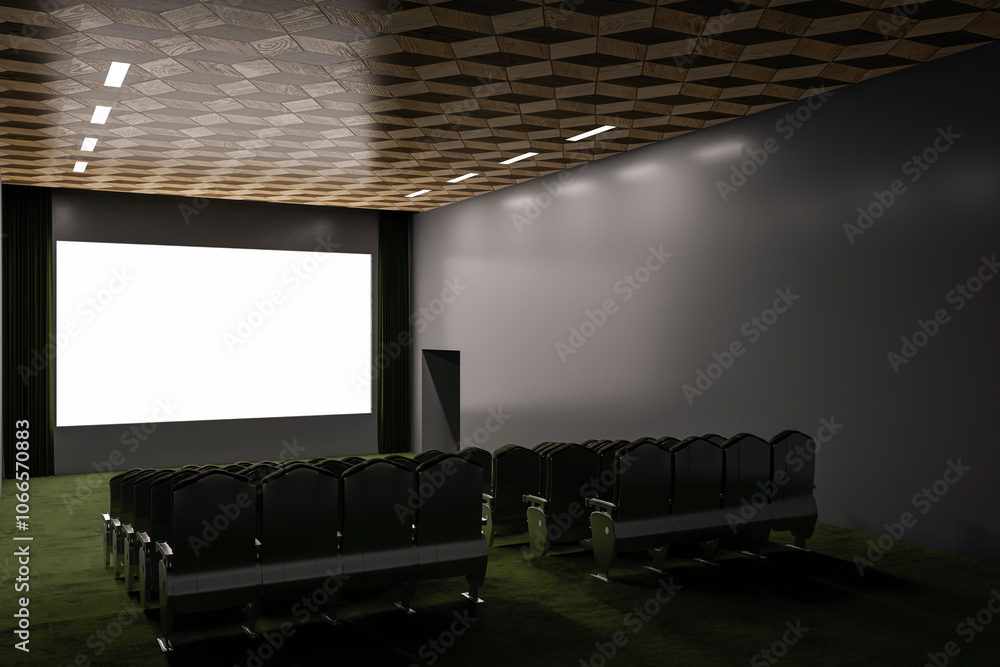 Poster modern green carpet cinema hall with empty white mock up place on screen. 3d rendering.