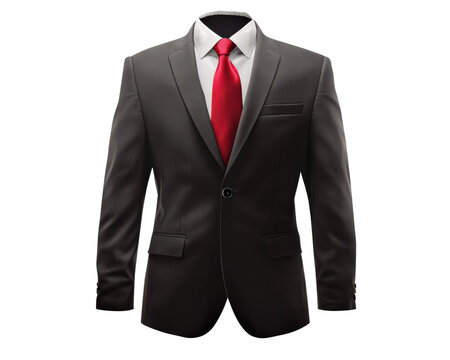 Elegant black suit with red tie, perfect for formal occasions and business events. This stylish outfit exudes professionalism and sophistication, making it ideal for any important meeting or