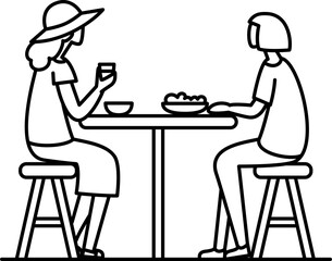 A line vector illustration featuring two women sitting at a table in a cafe, engaging in conversation, with minimalist details and clean lines.