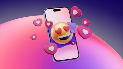 Modern smartphone displaying heart-eyes emoji surrounded by floating pink heart icons on gradient pink and purple background. Clean 3D rendering style with soft shadows and reflections. AI generated.