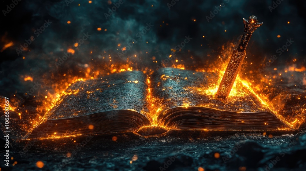 Poster an open book with a glowing sword sticking out of it is engulfed in flames.