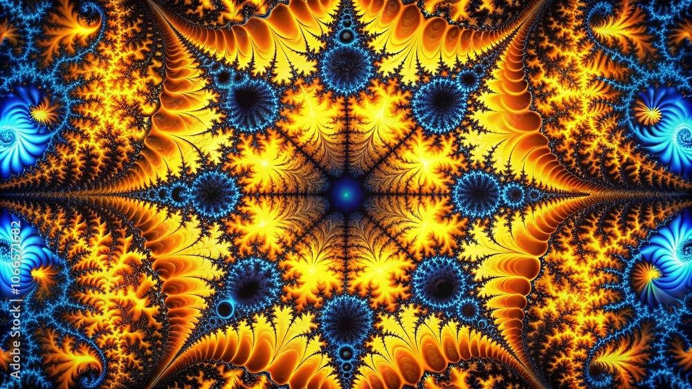 Poster abstract yellow orange and blue fractal background - vibrant silhouette photography of dynamic patte