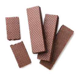 Chocolate wafers and two halves close-up on a white. Top view