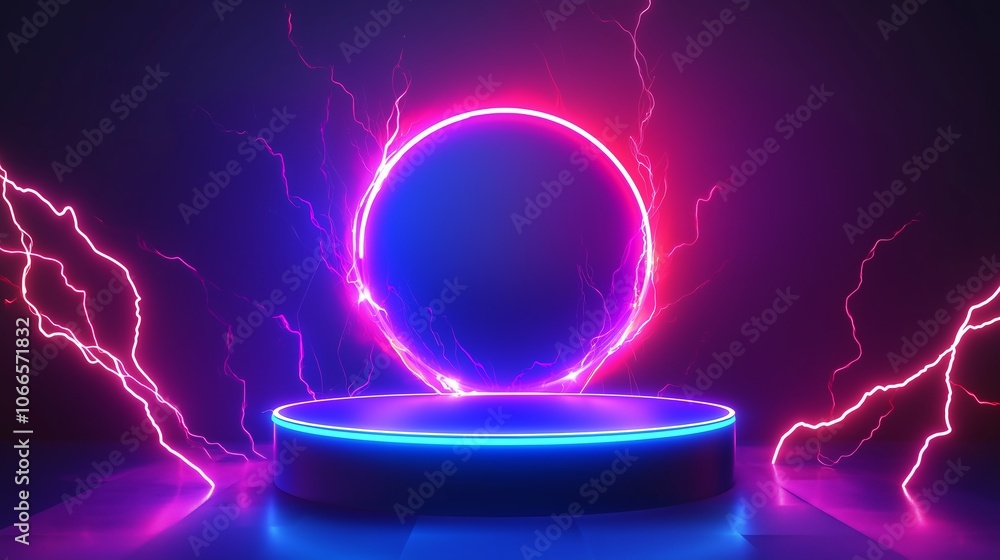 Poster a vibrant neon display with electric arcs surrounding a glowing circular platform against a dark bac