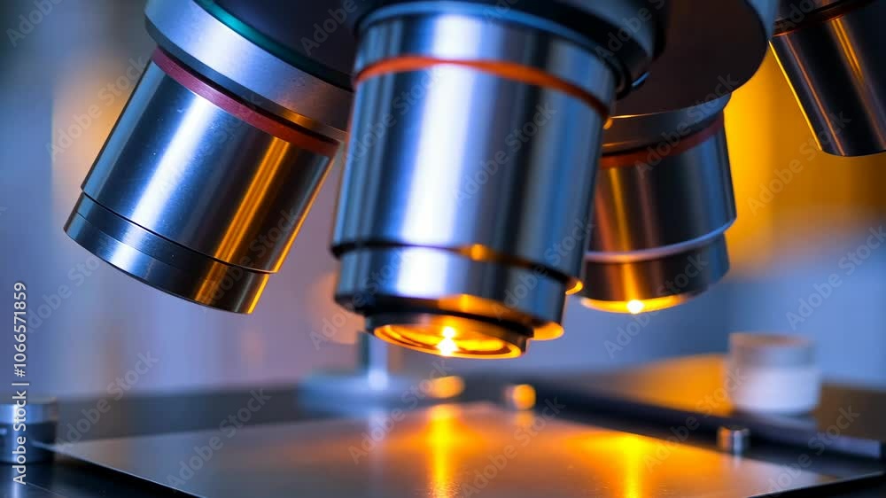 Poster a close-up of a microscope lens in a laboratory setting
