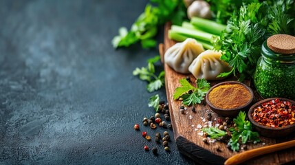 A detailed Chinese New Year dumpling recipe setup, featuring fresh ingredients like ground pork, chopped scallions, and vibrant spices, arranged on a wooden board with traditional utensils