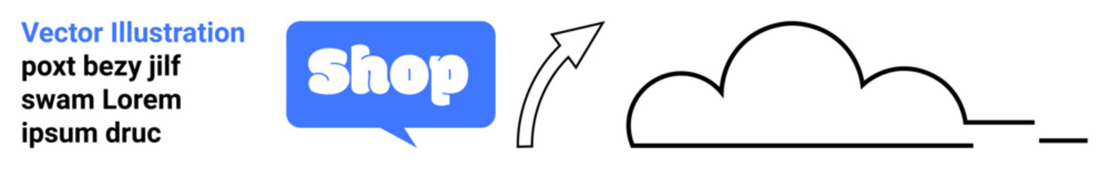 Simple design with a shop text in blue speech bubble, arrow pointing towards black line cloud shape. Ideal for e-commerce, online stores, shopping apps, cloud services, digital marketing. Banner for