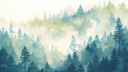 Watercolor forest landscape with soft green and blue tones and dense trees in a misty atmosphere, minimalistic isolated composition on white background for postcards, banners